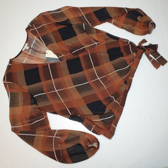 NWT Ganji LA Blouse Black Rust Orange Plaid Sheer - Picture 4 of 8